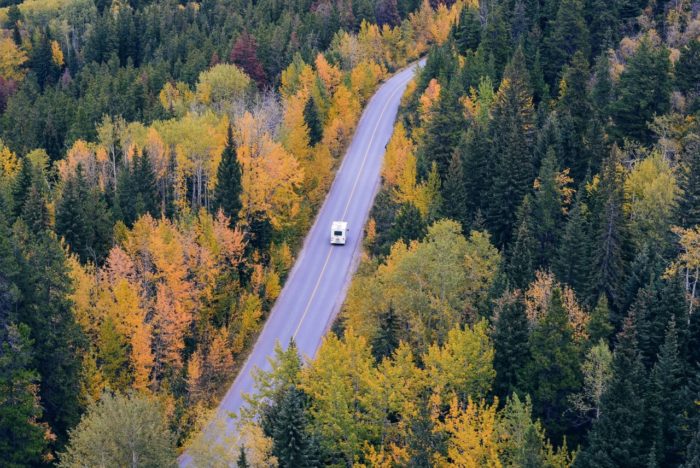 an rv on a paved road through the forest