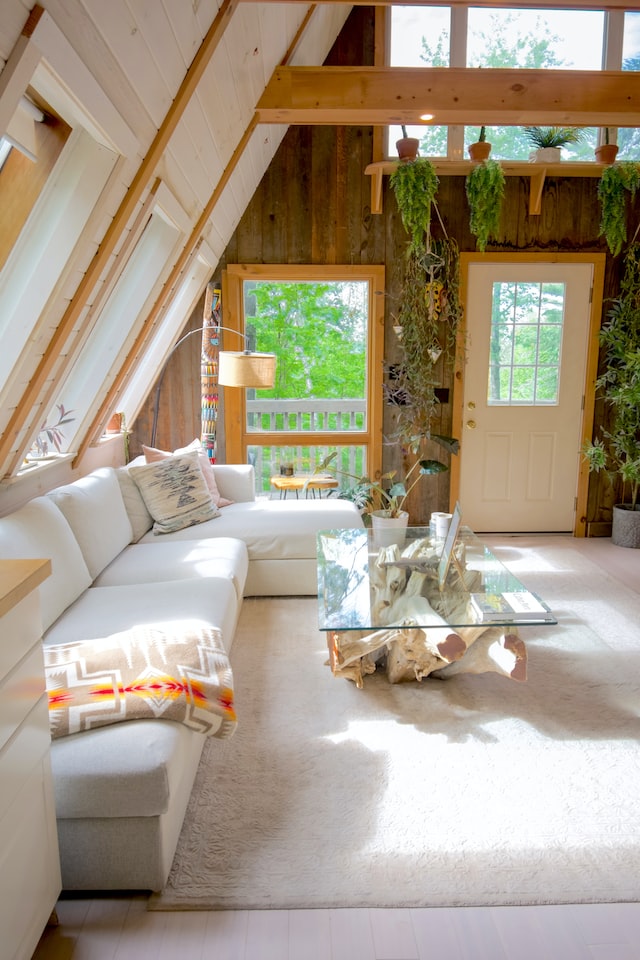 a clean and clutter free living room with multiple potted plants and many windows