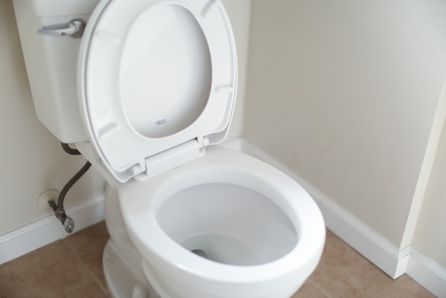 a white toilet with the toilet seat up